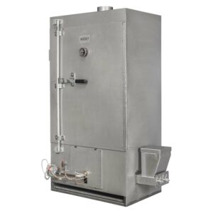 Closed front view of a tall Rocket Outdoors large commercial gas smoker with temperature gauge, side hopper, and stainless-steel construction.