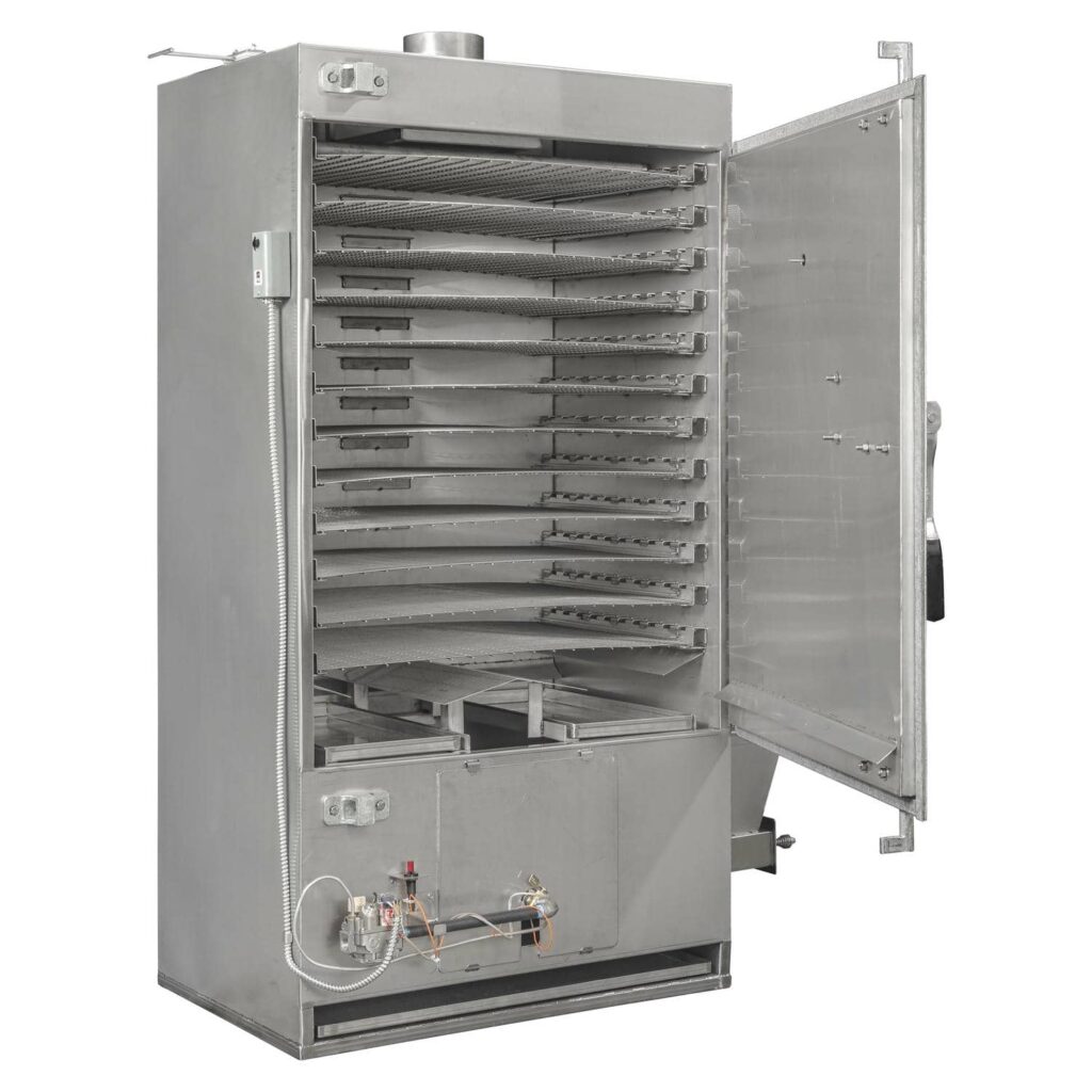 Tall Rocket Outdoors large commercial gas smoker with door open, revealing twelve stainless-steel wire racks above an exposed gas burner.