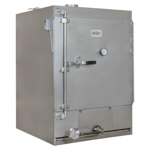 Front view of the Rocket Outdoors medium gas smoker with closed door, temperature gauge, and stainless-steel cabinet body.