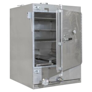 Rocket Outdoors medium gas smoker with door open, showing five interior cooking shelves above the gas burner assembly.