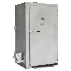 Closed front view of the Rocket Outdoors roll-in gas smoker with temperature gauge, side hopper, and tall stainless-steel cabinet.