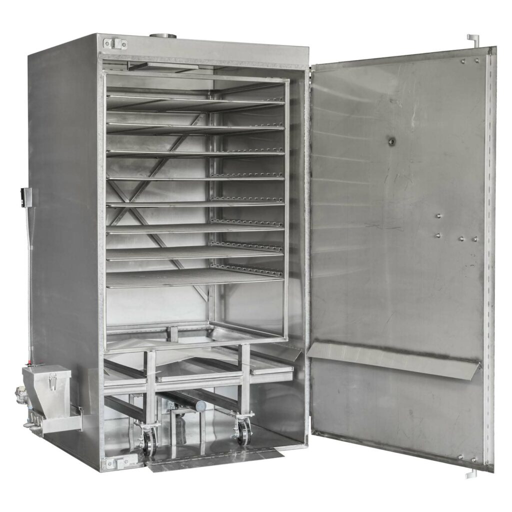 Rocket Outdoors roll-in gas smoker with door open and the wheeled rack cart partially extended, exposing empty interior racks and stainless chamber.