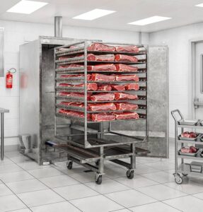 Rocket Outdoors roll-in gas smoker loaded with a rolling rack of raw pork cuts in a commercial kitchen, with a secondary meat cart nearby.