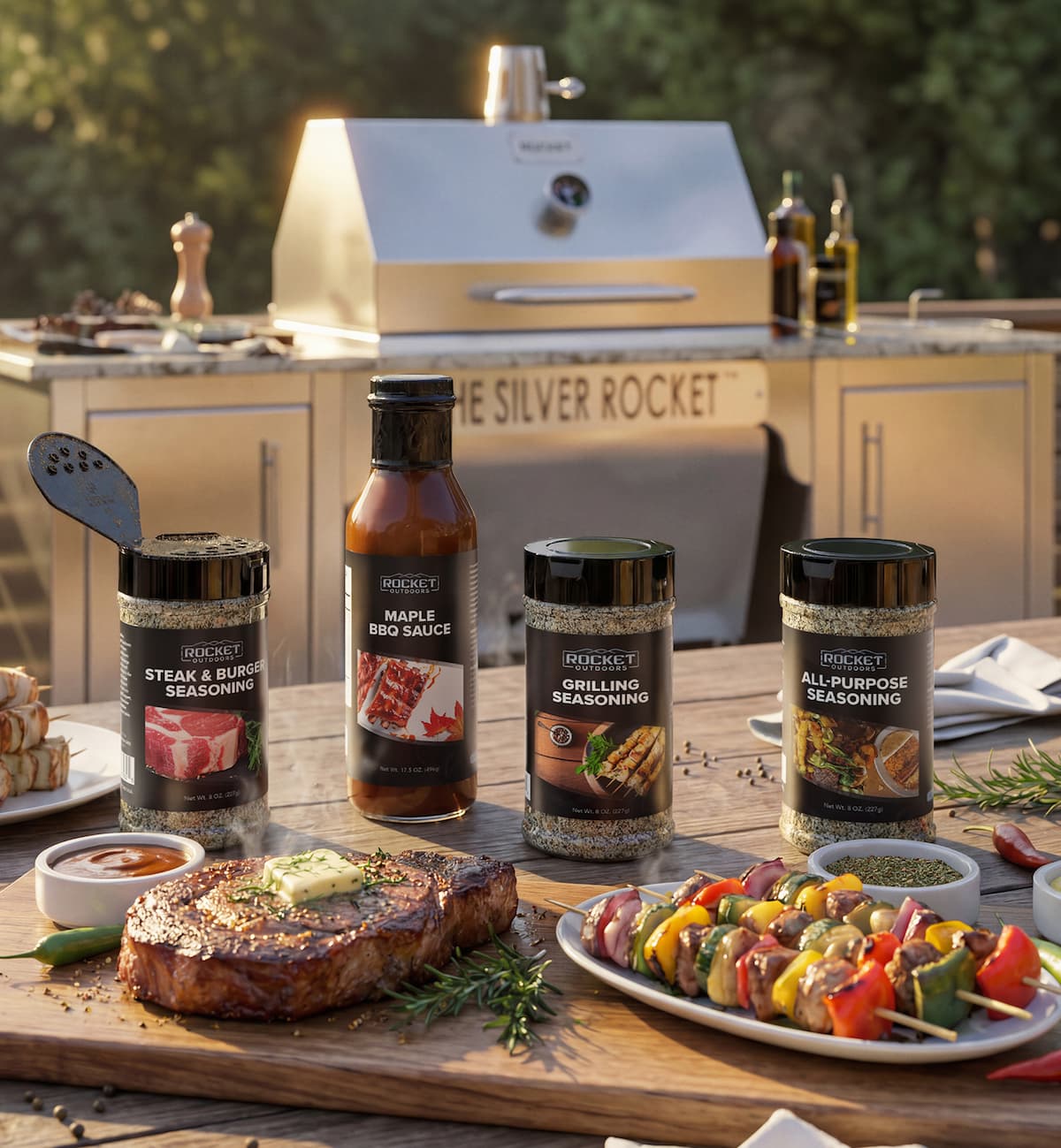 Rocket Outdoors seasonings and maple BBQ sauce displayed with grilled steak, kabobs, and a Silver Rocket outdoor grill in the background.