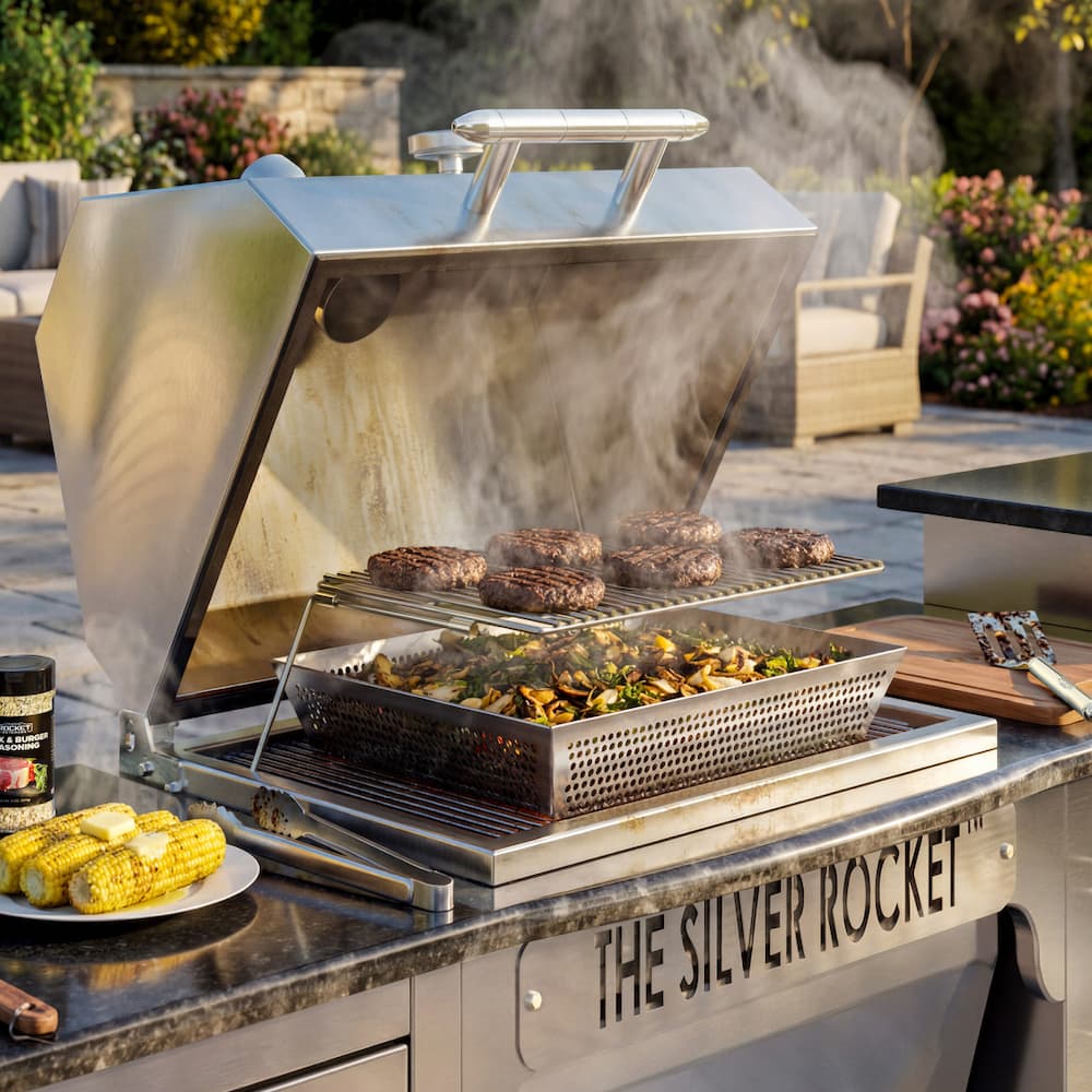 Silver Rocket built-in stainless steel grill cooking burgers and vegetables with smoke rising from the open lid.