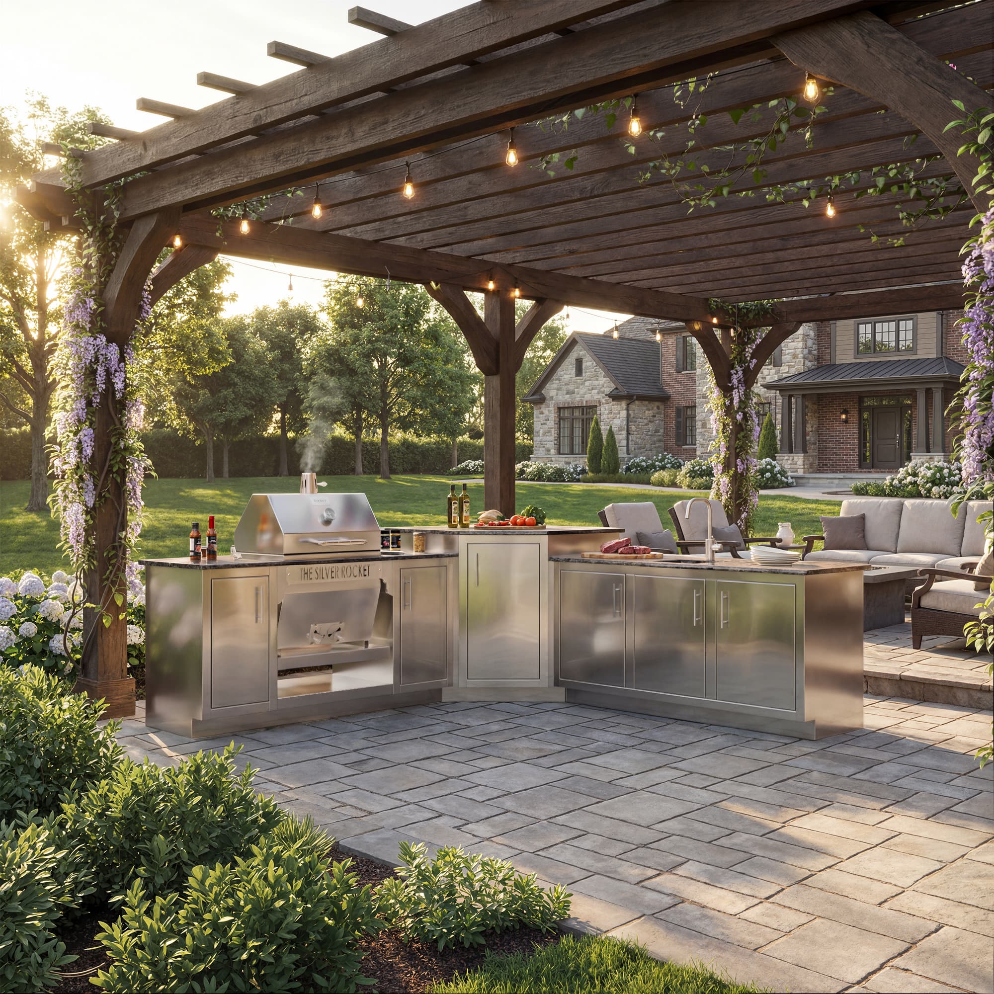 Stainless steel Rocket Outdoors outdoor kitchen with grill, sink, storage cabinets, and bar seating under a wooden pergola.